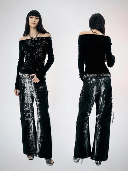 Black Silver Strap Cargo Pants Retro Brushed Silver Wide Leg