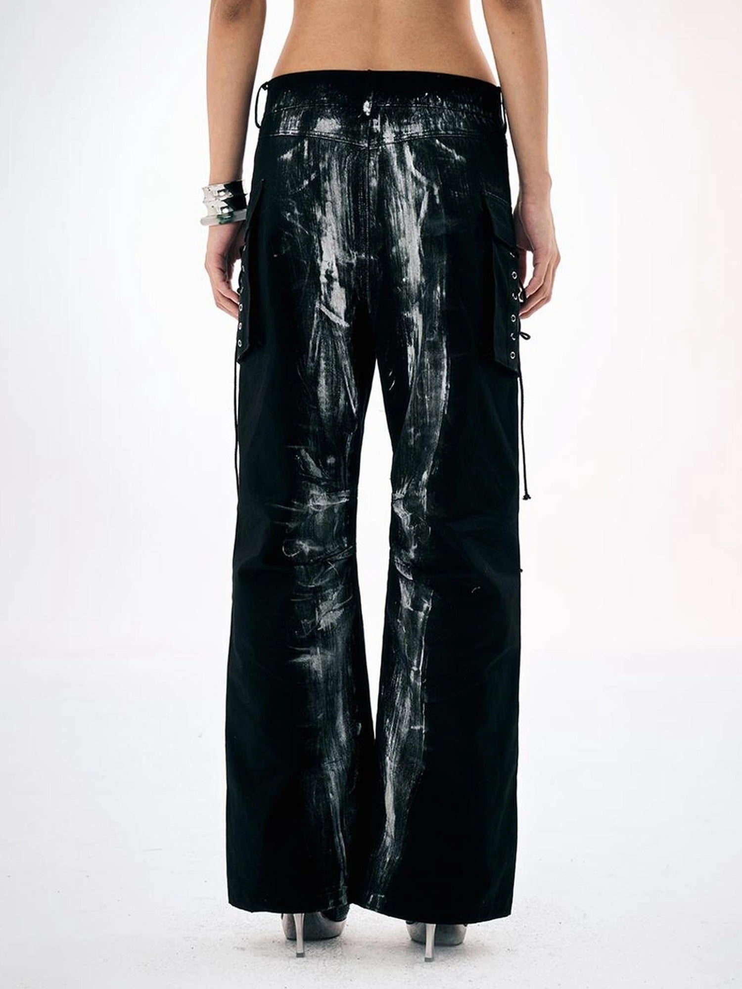 Black Silver Strap Cargo Pants Retro Brushed Silver Wide Leg