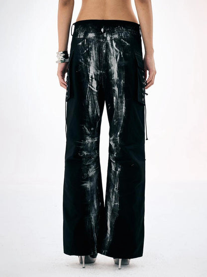 Black Silver Strap Cargo Pants Retro Brushed Silver Wide Leg