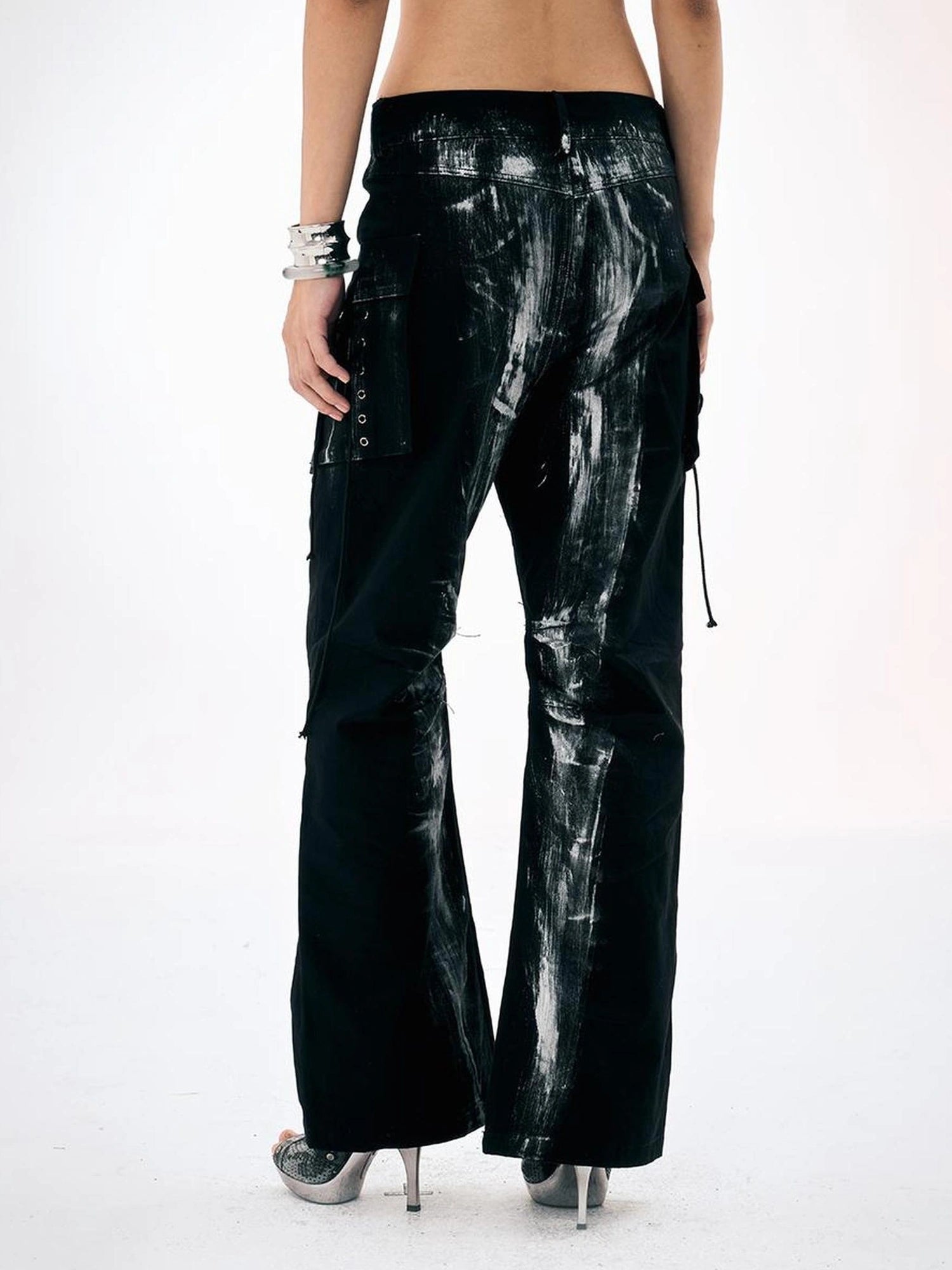 Black Silver Strap Cargo Pants Retro Brushed Silver Wide Leg