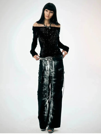 Black Silver Strap Cargo Pants Retro Brushed Silver Wide Leg