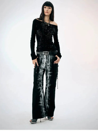Black Silver Strap Cargo Pants Retro Brushed Silver Wide Leg