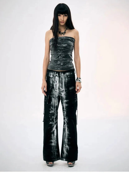 Black Silver Strap Cargo Pants Retro Brushed Silver Wide Leg