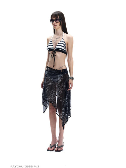 FayChui Black White Striped Floral Cutout Rhinestone Women&