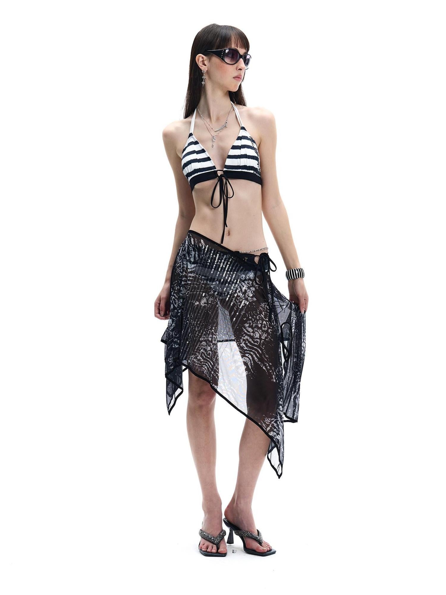 FayChui Black White Striped Floral Cutout Rhinestone Women&