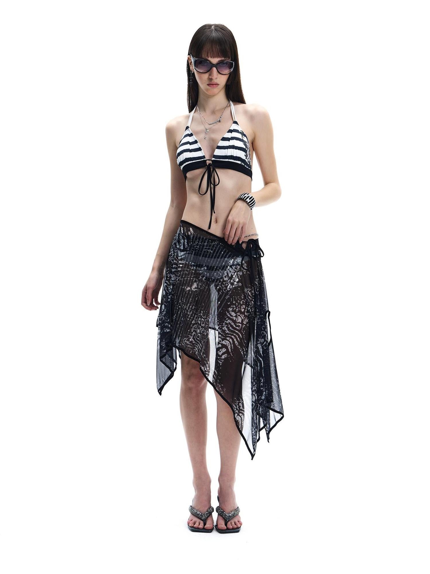 FayChui Black White Striped Floral Cutout Rhinestone Women&