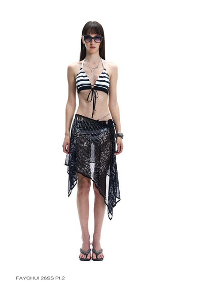 FayChui Black White Striped Floral Cutout Rhinestone Women&
