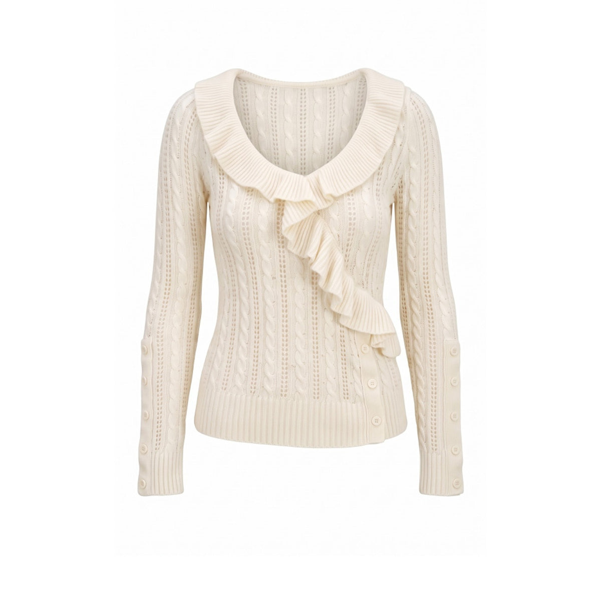 FayChui_Cable_Knit_Openwork_Ruffle_Slim_Fit_Wool_Cashmere_Women&