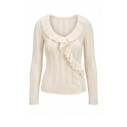 FayChui_Cable_Knit_Openwork_Ruffle_Slim_Fit_Wool_Cashmere_Women&