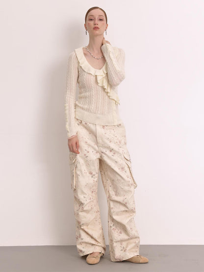 FayChui Cable Knit Openwork Ruffle Slim Fit Wool Cashmere Women&