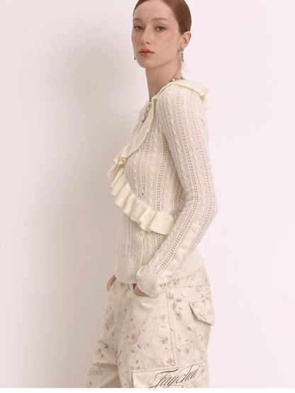 FayChui Cable Knit Openwork Ruffle Slim Fit Wool Cashmere Women&