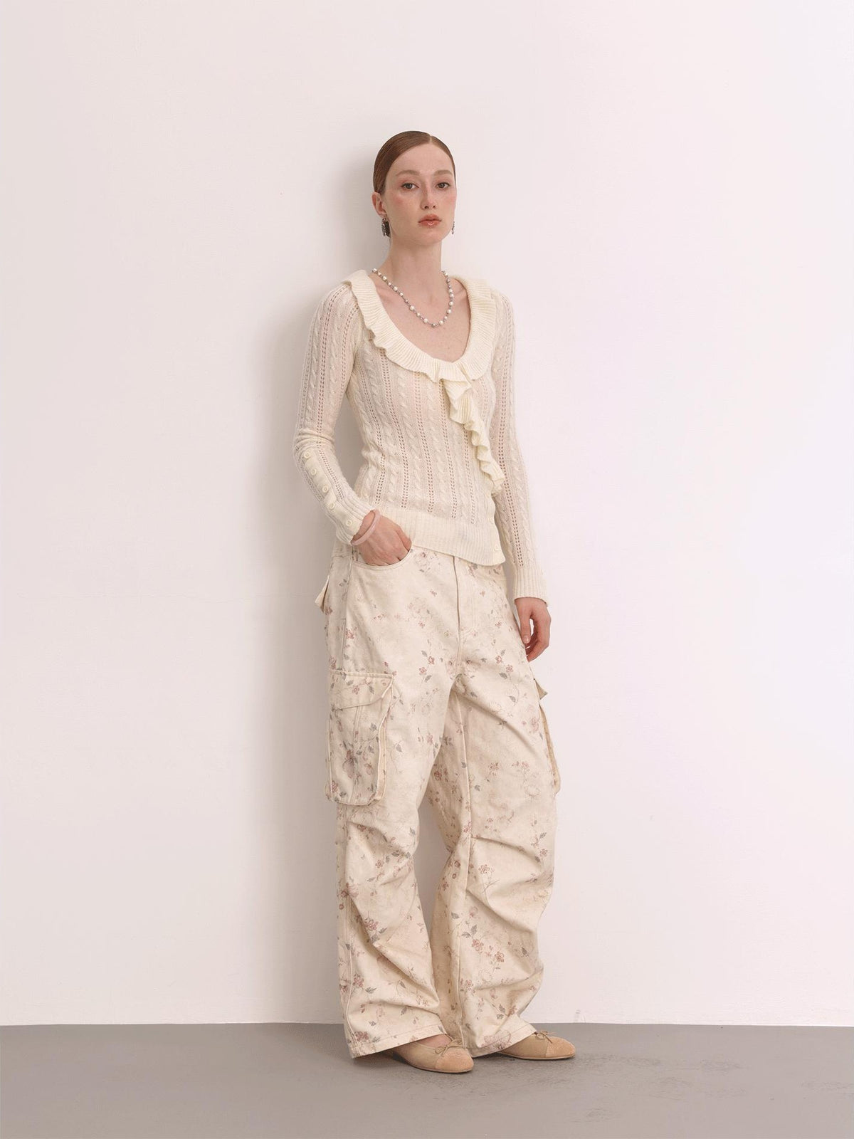 FayChui Cable Knit Openwork Ruffle Slim Fit Wool Cashmere Women&