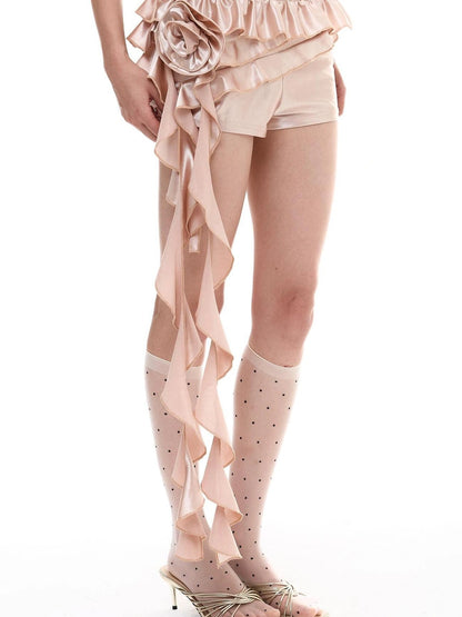 FayChui  Champagne Pink Ruffle Hem Satin Shorts