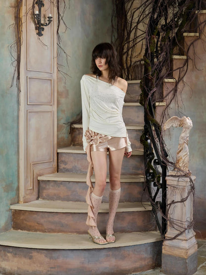 FayChui  Champagne Pink Ruffle Hem Satin Shorts