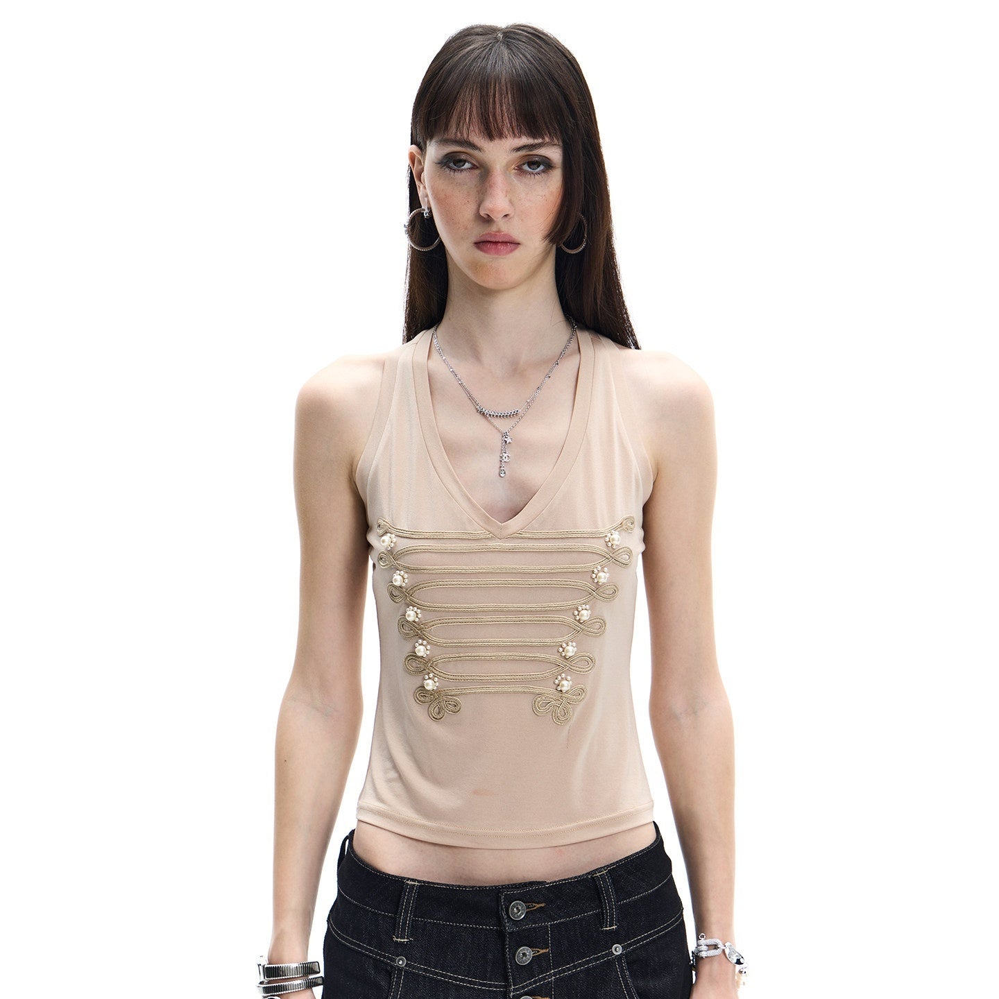 FayChui_Court_Pearl_Knot_3d_Embellished_Double_Rib_V-neck_Slim_Women&