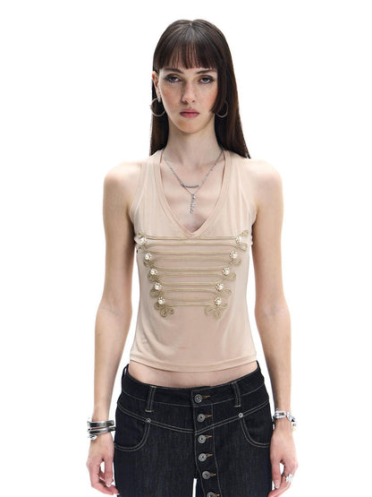 FayChui Court Pearl Knot 3d Embellished Double Rib V-neck Slim Women&