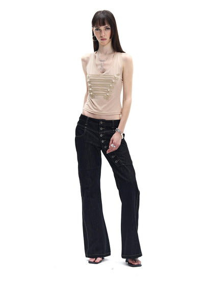 FayChui Court Pearl Knot 3d Embellished Double Rib V-neck Slim Women&