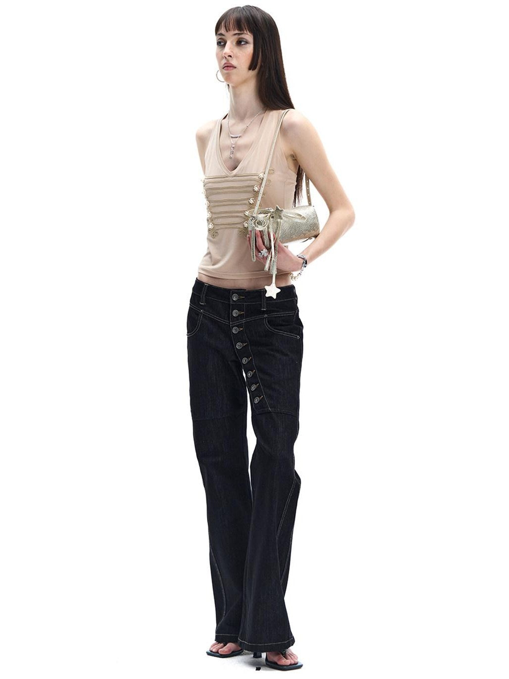 FayChui Court Pearl Knot 3d Embellished Double Rib V-neck Slim Women&