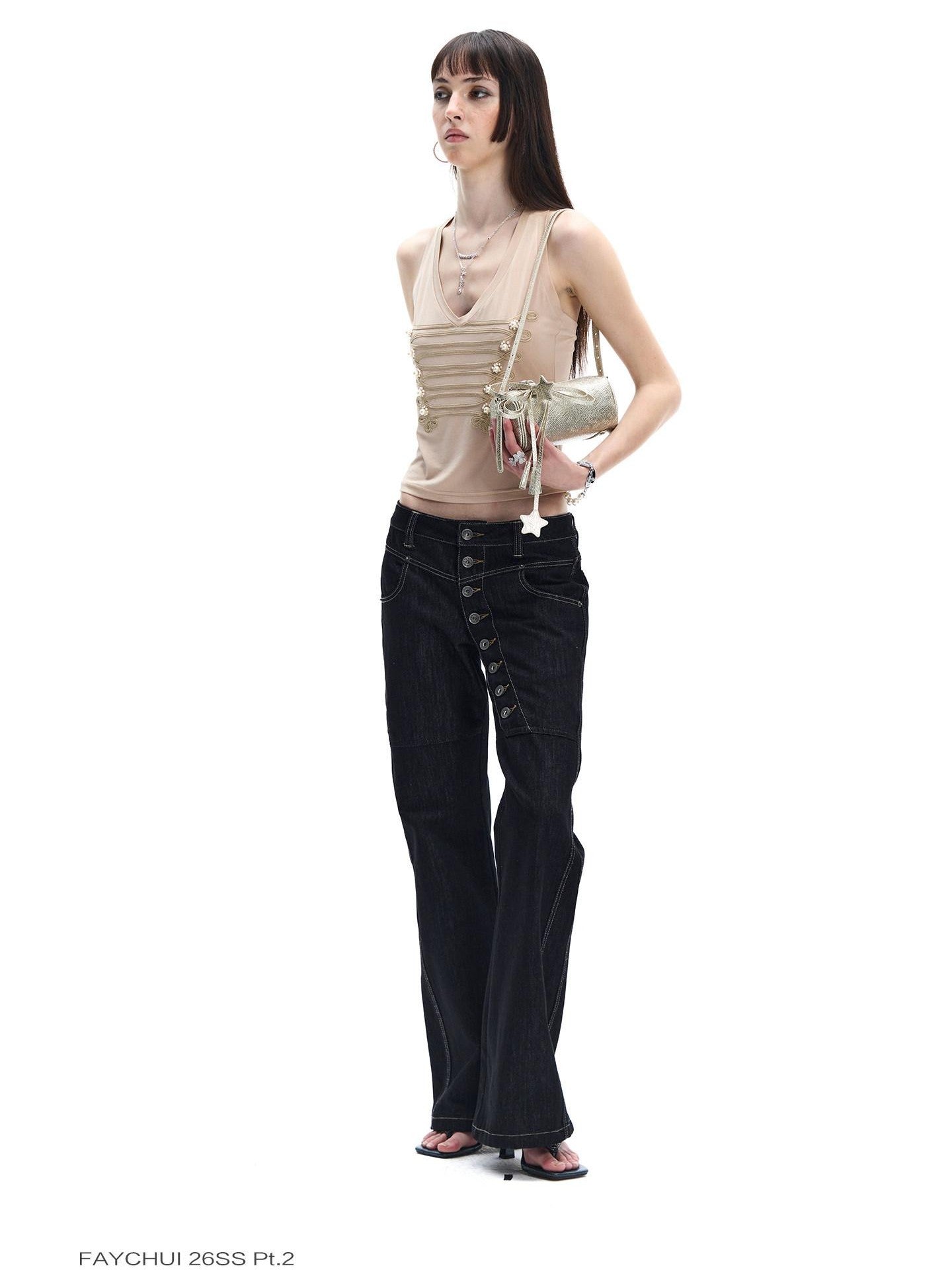 FayChui Court Pearl Knot 3d Embellished Double Rib V-neck Slim Women&