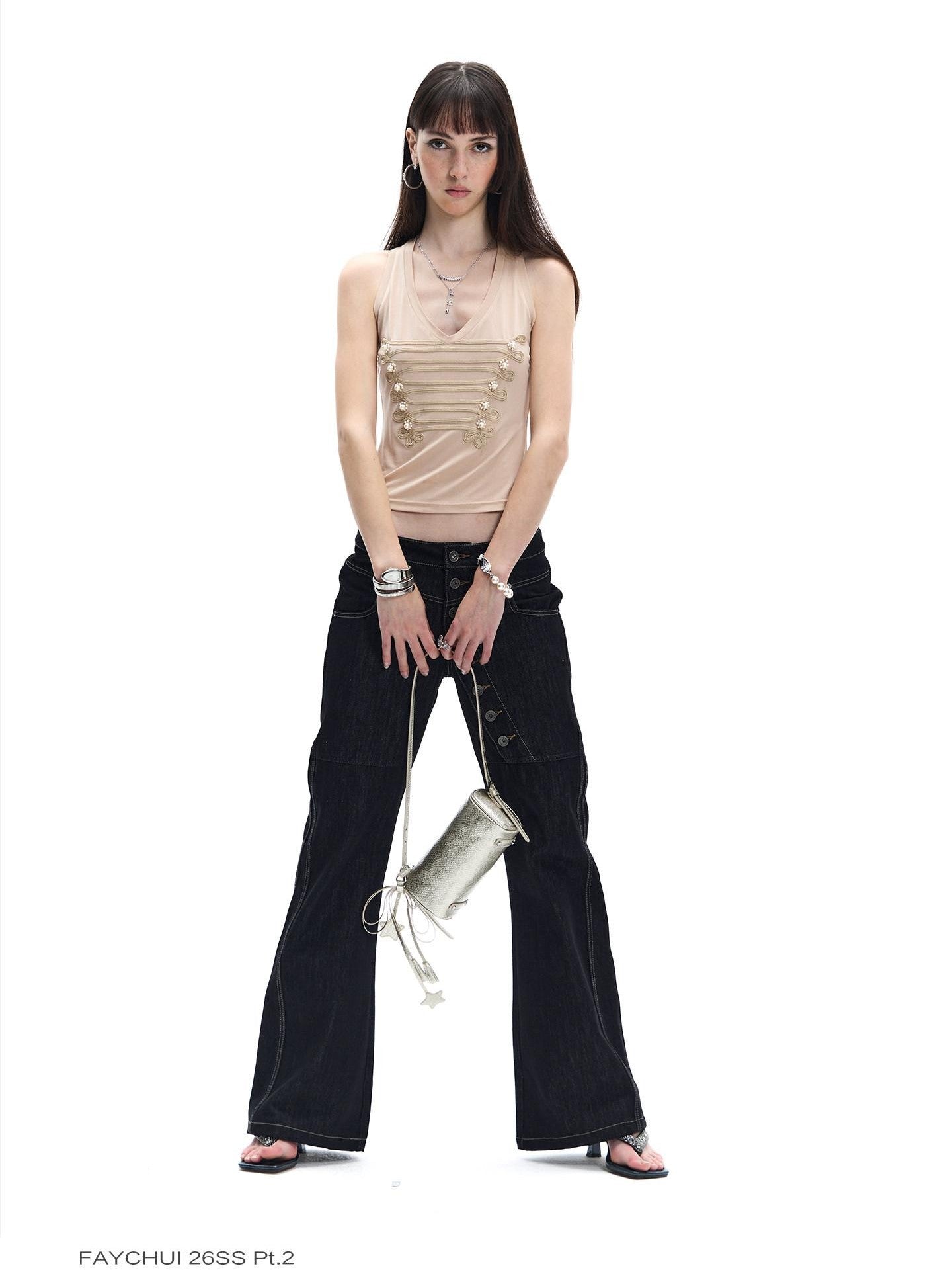 FayChui Court Pearl Knot 3d Embellished Double Rib V-neck Slim Women&