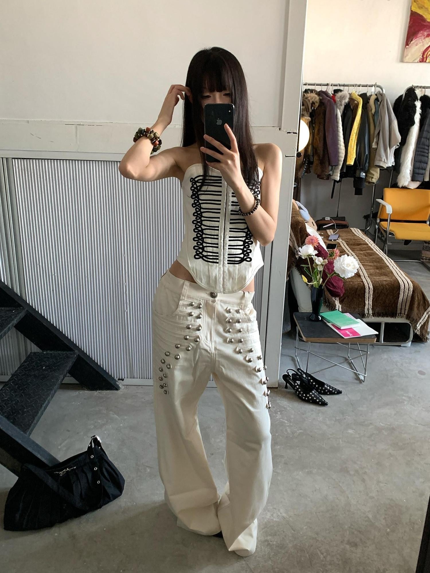 FayChui Court Style Metal Button High Waist Women&