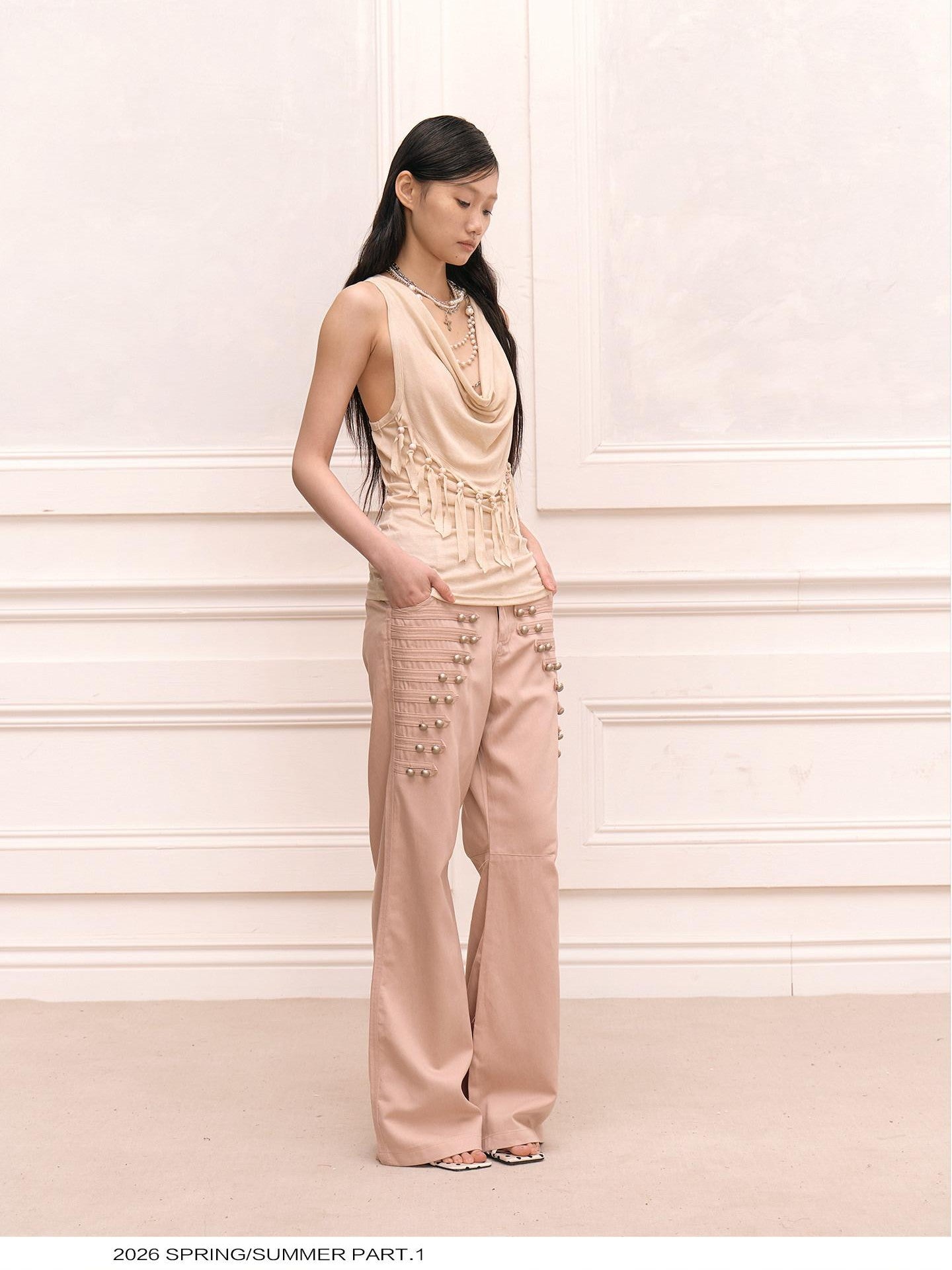 FayChui Court Style Metal Button High Waist Women&