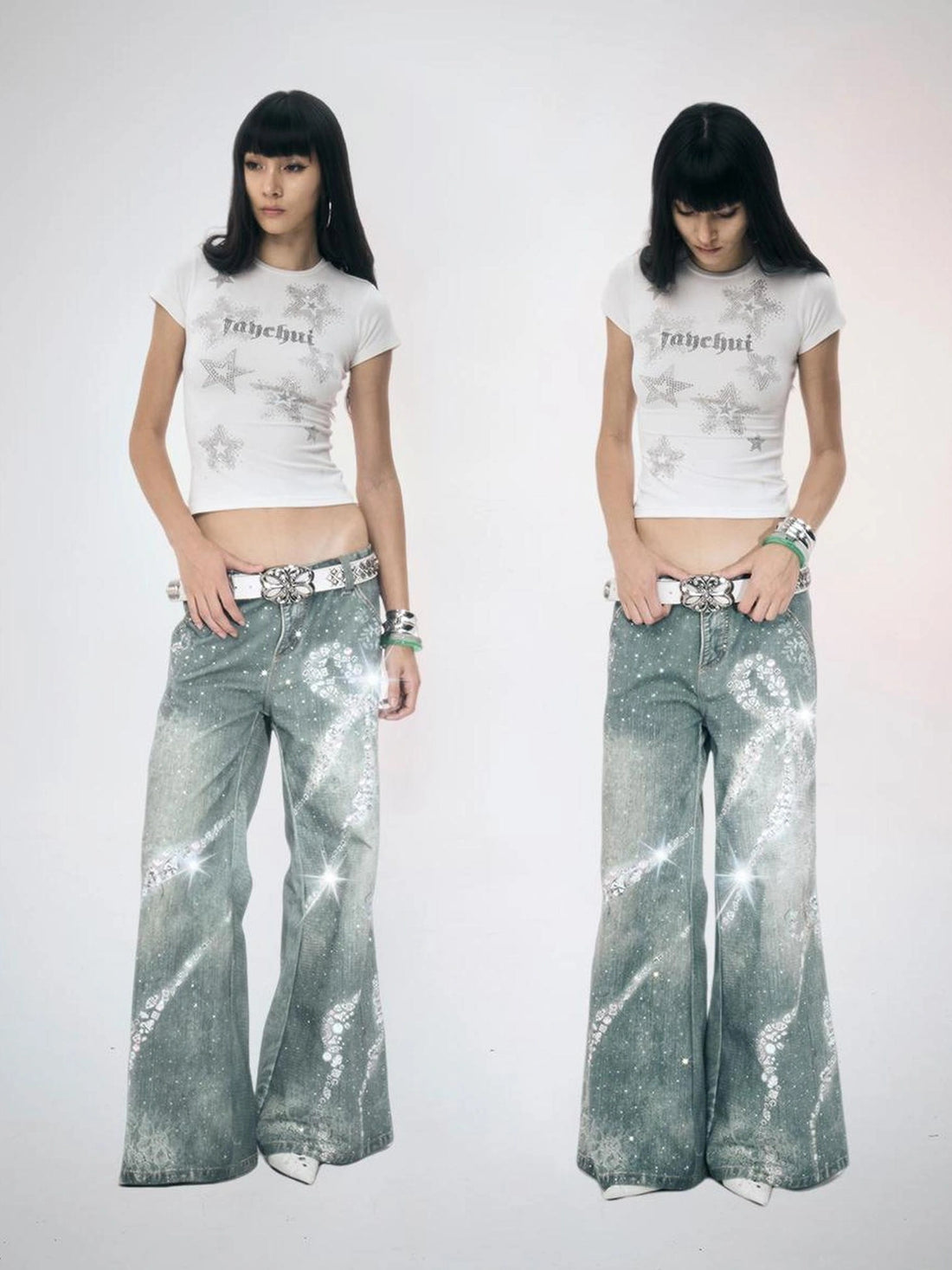 FayChui  Crystal Bow Wide Leg Jeans With 3D Print