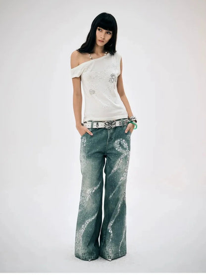 FayChui  Crystal Bow Wide Leg Jeans With 3D Print