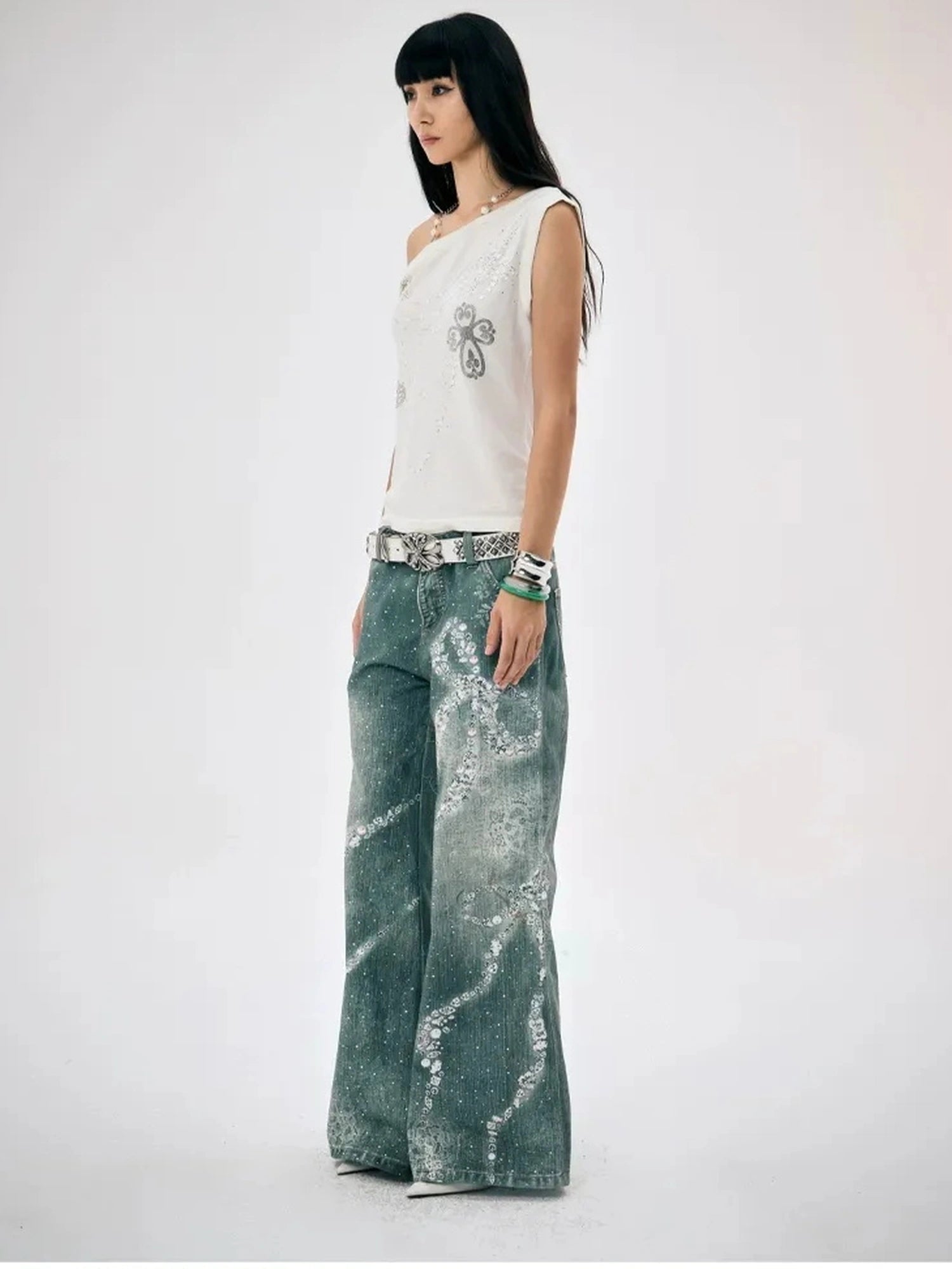 FayChui  Crystal Bow Wide Leg Jeans With 3D Print
