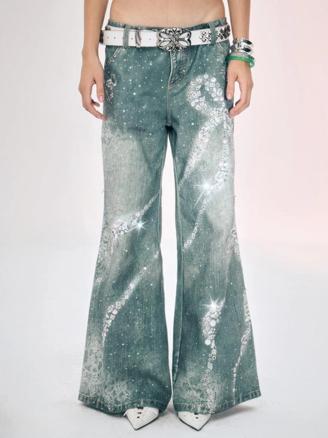 FayChui  Crystal Bow Wide Leg Jeans With 3D Print