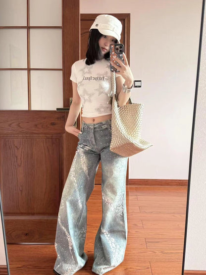 FayChui  Crystal Bow Wide Leg Jeans With 3D Print