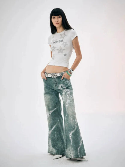 FayChui  Crystal Bow Wide Leg Jeans With 3D Print