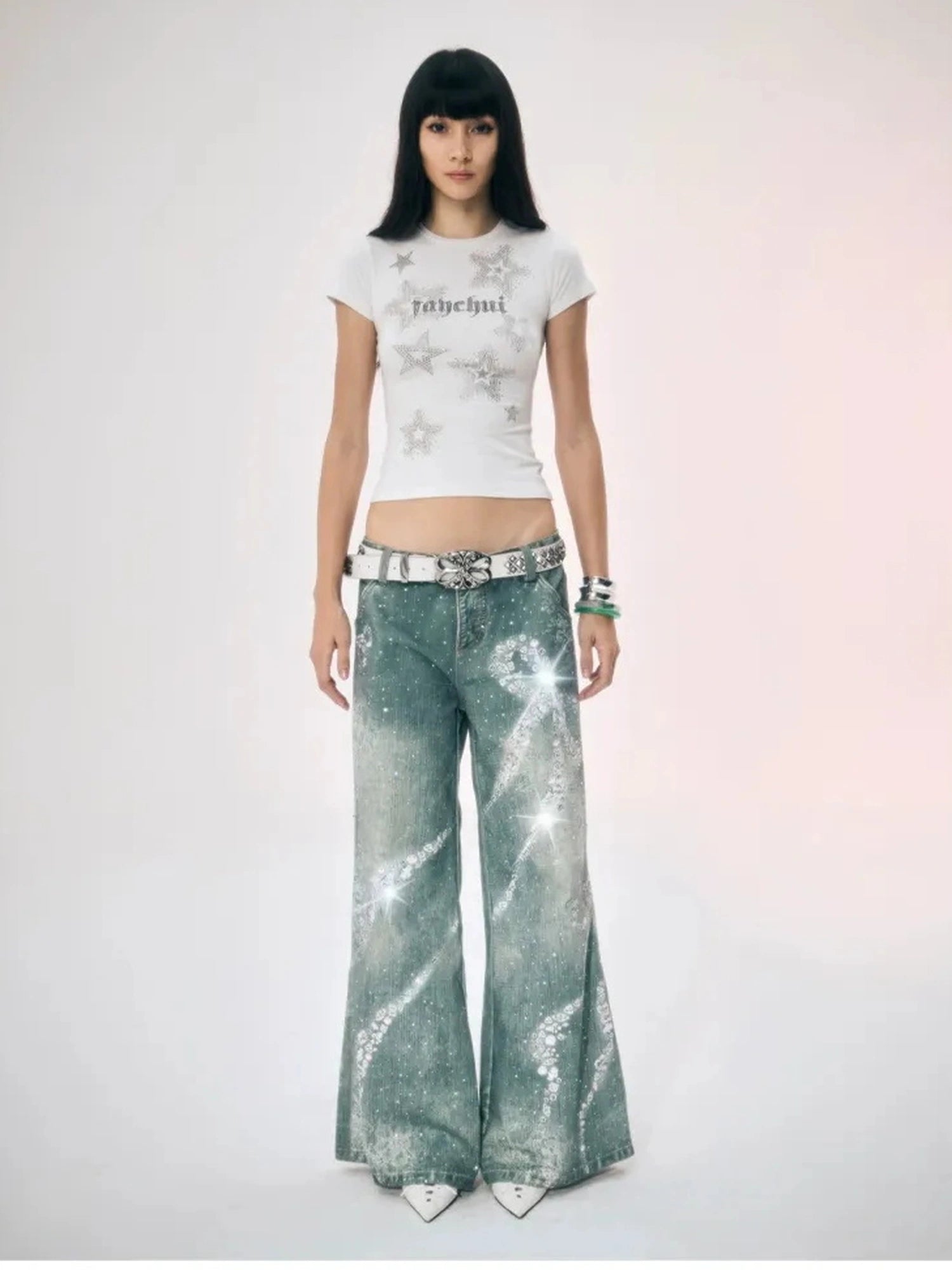FayChui  Crystal Bow Wide Leg Jeans With 3D Print