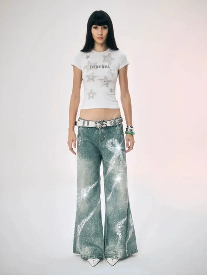 FayChui  Crystal Bow Wide Leg Jeans With 3D Print