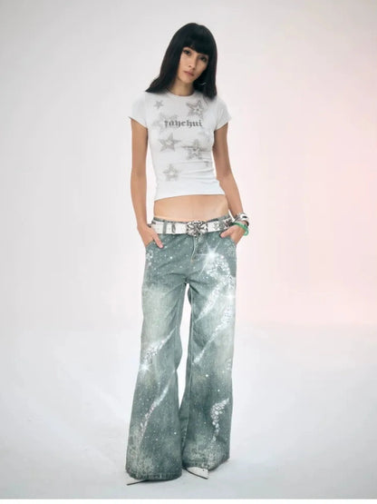 FayChui  Crystal Bow Wide Leg Jeans With 3D Print