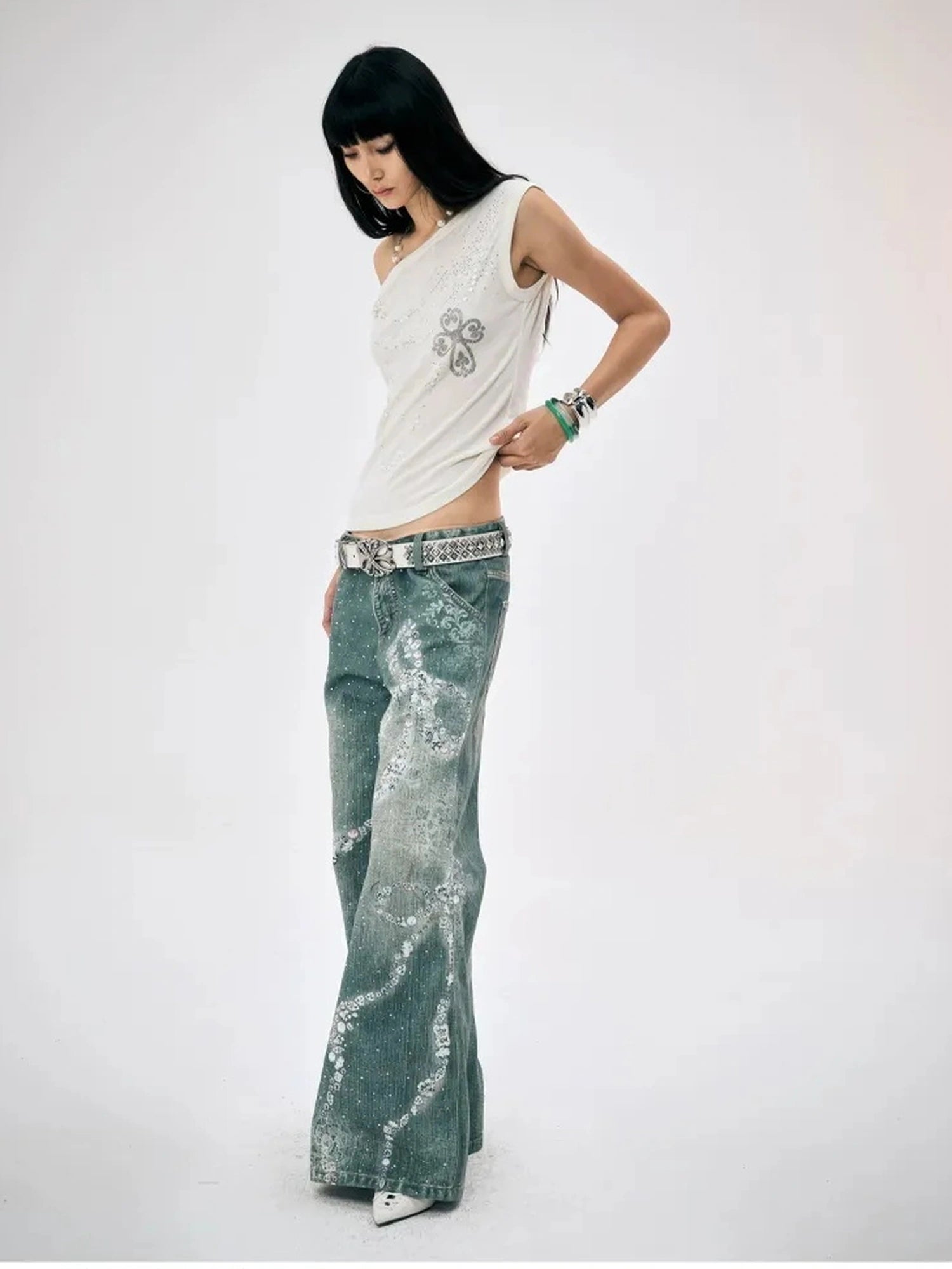 FayChui  Crystal Bow Wide Leg Jeans With 3D Print