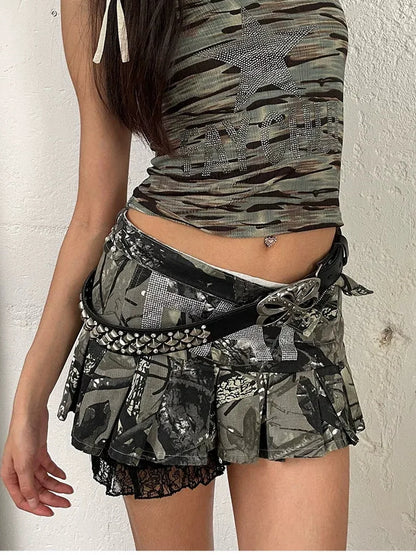 FayChui  Crystal Embellished Camouflage Pleated A Line Skirt