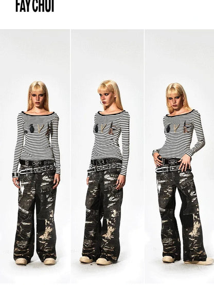 FayChui  Deconstructed Digital Print Denim Pants