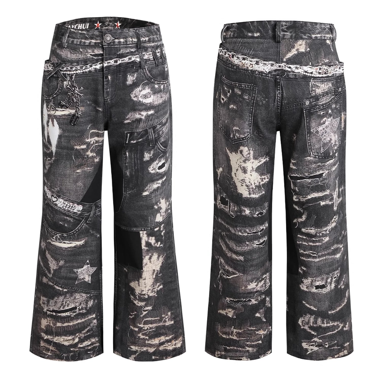 FayChui  Deconstructed Digital Print Denim Pants