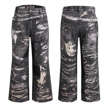 FayChui  Deconstructed Digital Print Denim Pants
