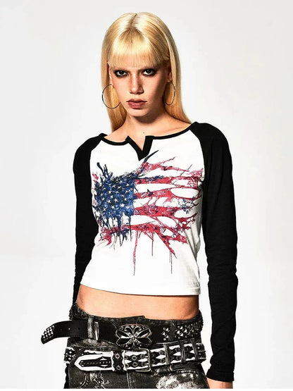 FayChui  Deconstructed Flag Print Raglan V-neck T-shirt