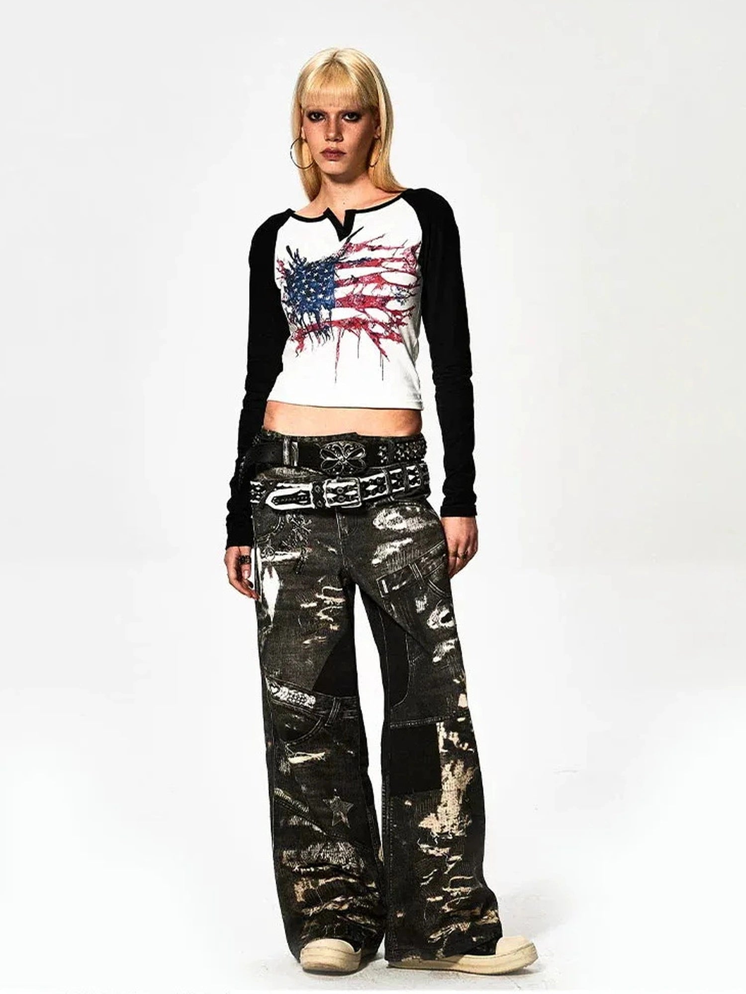 FayChui  Deconstructed Flag Print Raglan V-neck T-shirt