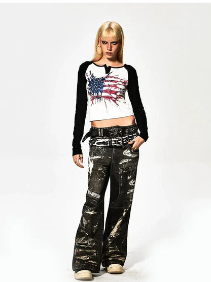 FayChui  Deconstructed Flag Print Raglan V-neck T-shirt