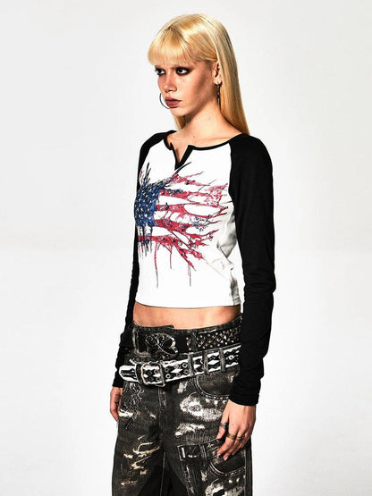 FayChui  Deconstructed Flag Print Raglan V-neck T-shirt