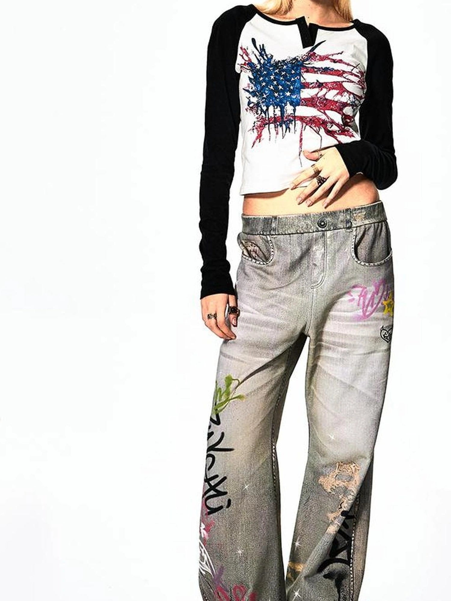 FayChui  Deconstructed Flag Print Raglan V-neck T-shirt