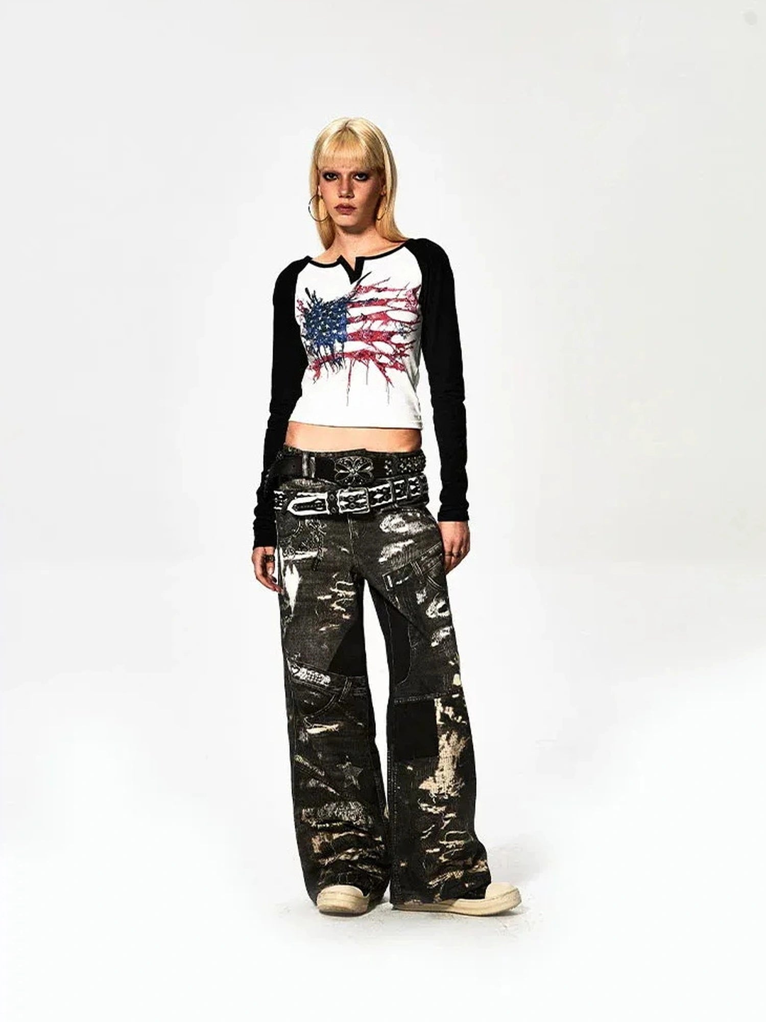 FayChui  Deconstructed Flag Print Raglan V-neck T-shirt