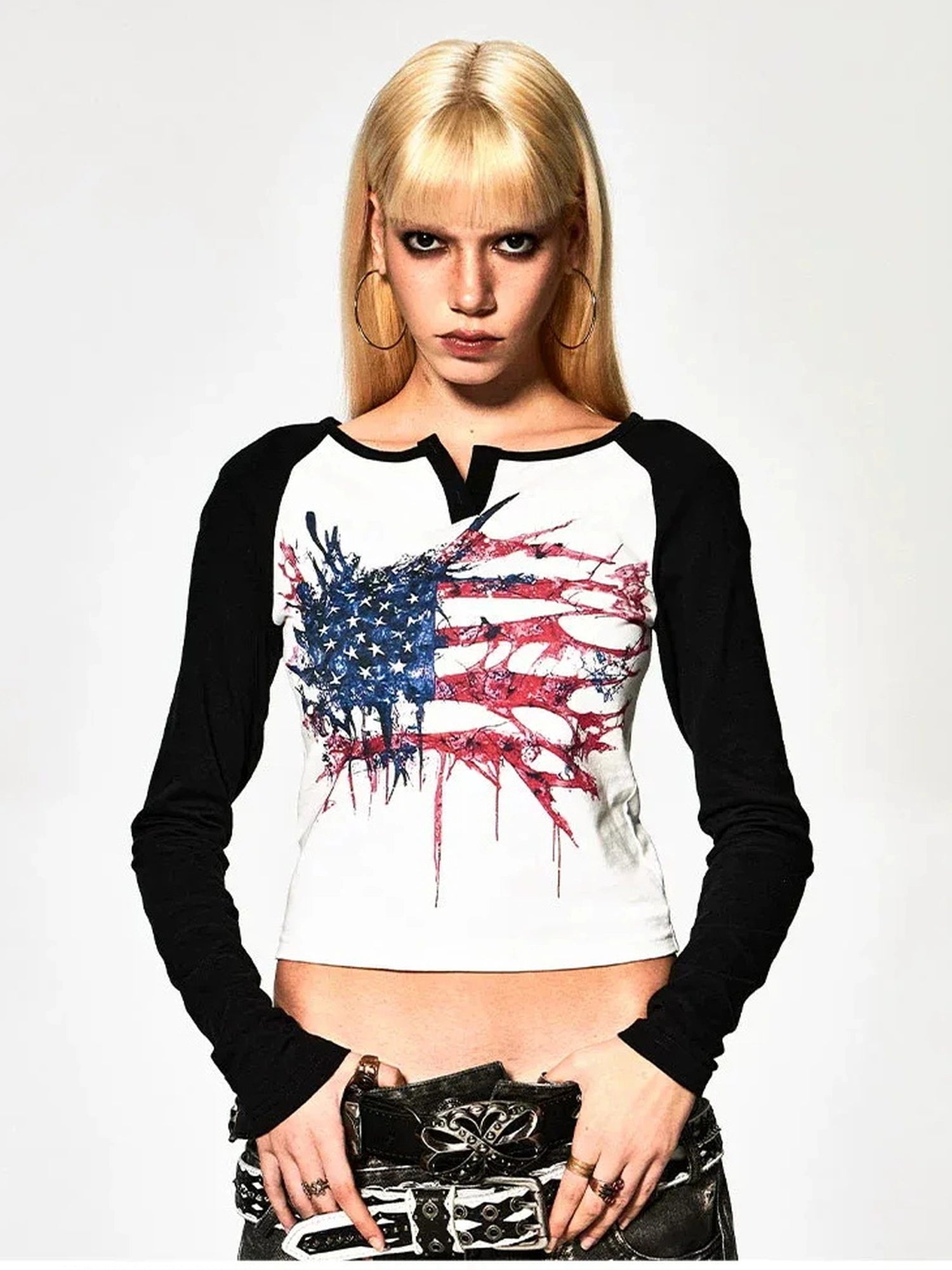 FayChui  Deconstructed Flag Print Raglan V-neck T-shirt