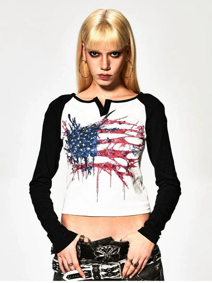 FayChui  Deconstructed Flag Print Raglan V-neck T-shirt
