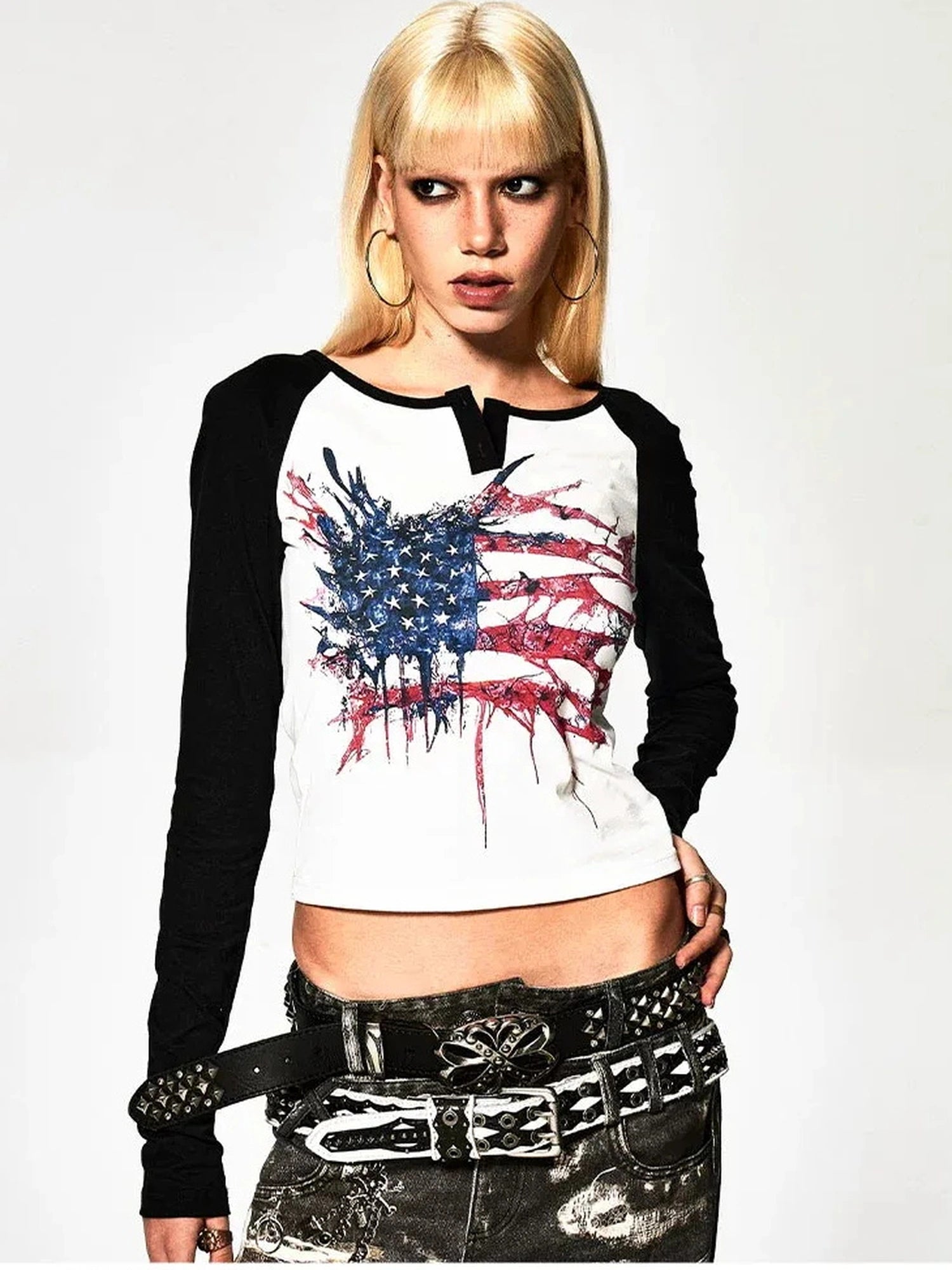 FayChui  Deconstructed Flag Print Raglan V-neck T-shirt