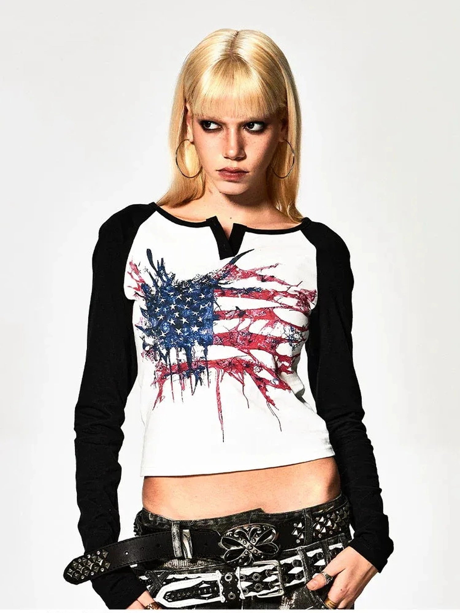 FayChui  Deconstructed Flag Print Raglan V-neck T-shirt